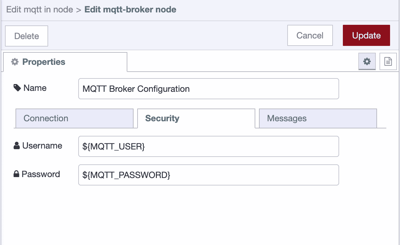 MQTT broker security configuration showing username and password fields